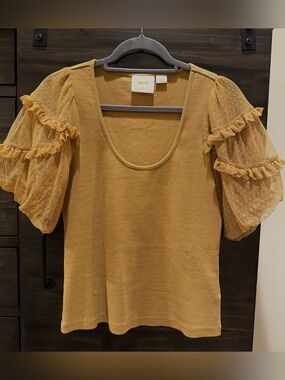 MAEVE Anthropologie Mustard Puff-Sleeve Knit Top Size M Unique!
